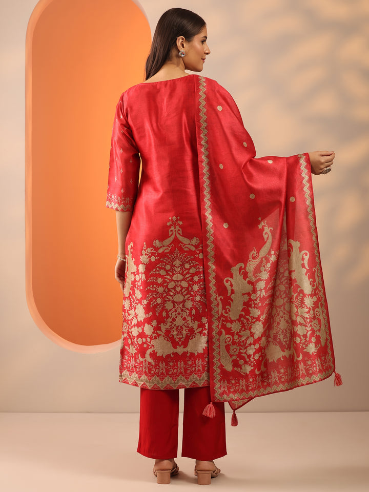 Red Printed Silk Blend Straight Suit Set With Dupatta