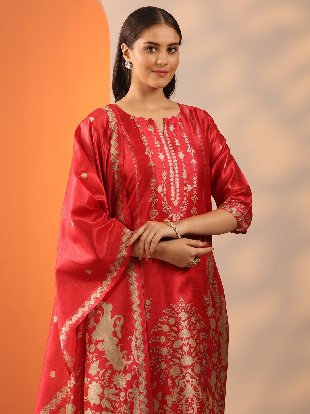 Red Printed Silk Blend Straight Suit Set With Dupatta