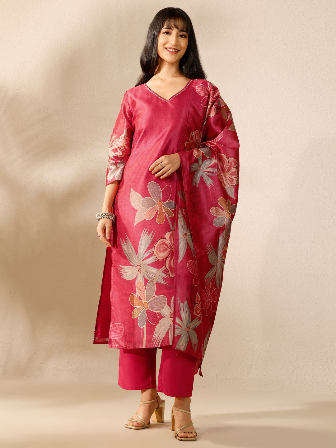 Red Printed Silk blend Straight Suit Set With Dupatta