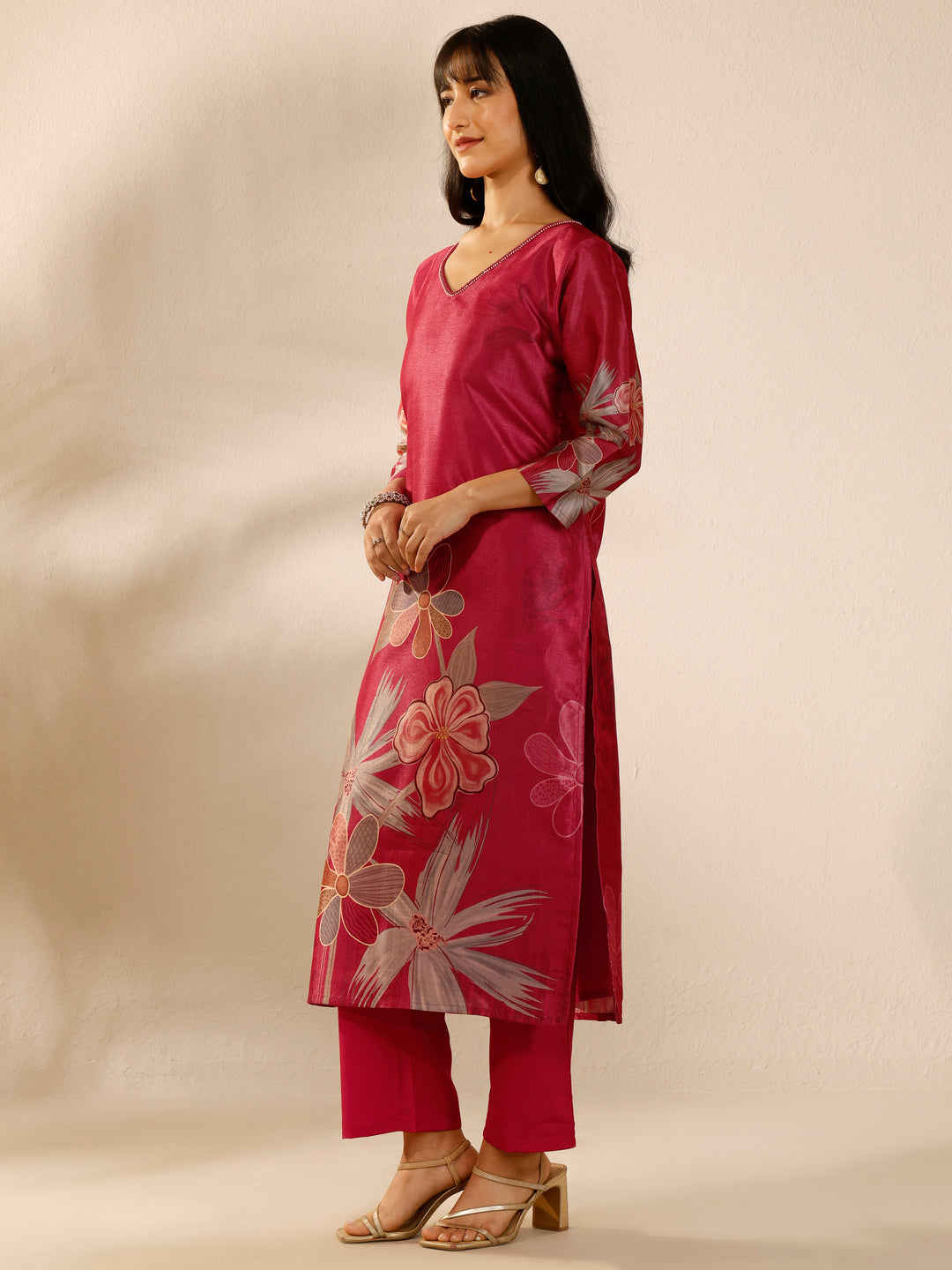 Red Printed Silk blend Straight Suit Set With Dupatta