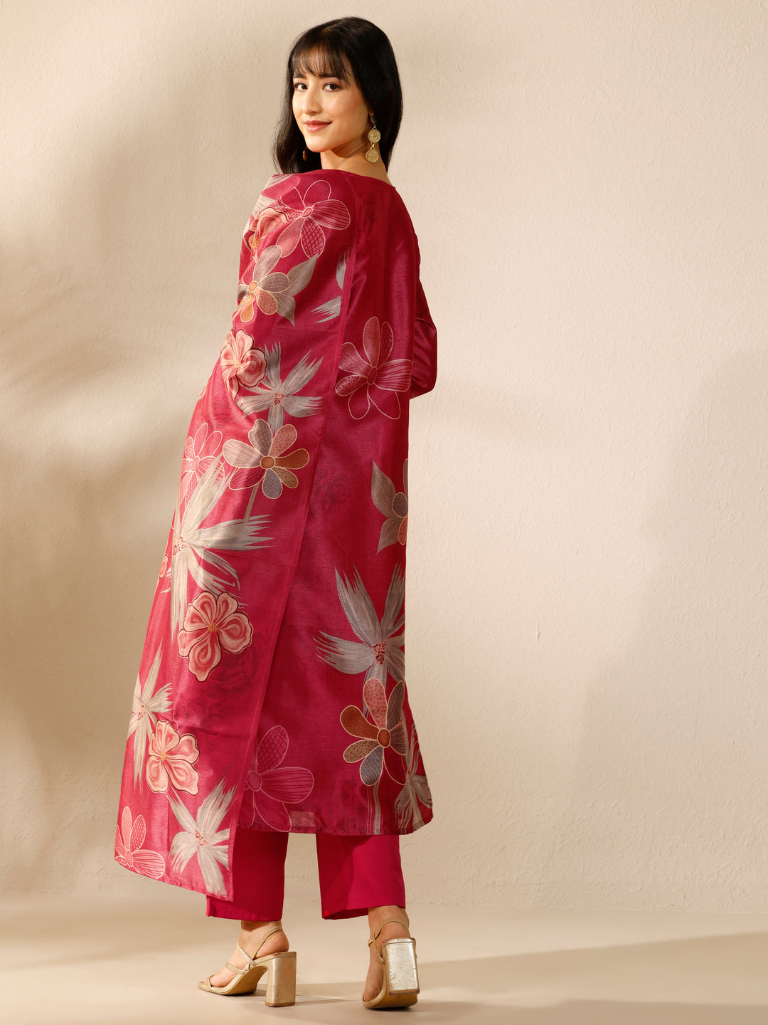 Red Printed Silk blend Straight Suit Set With Dupatta