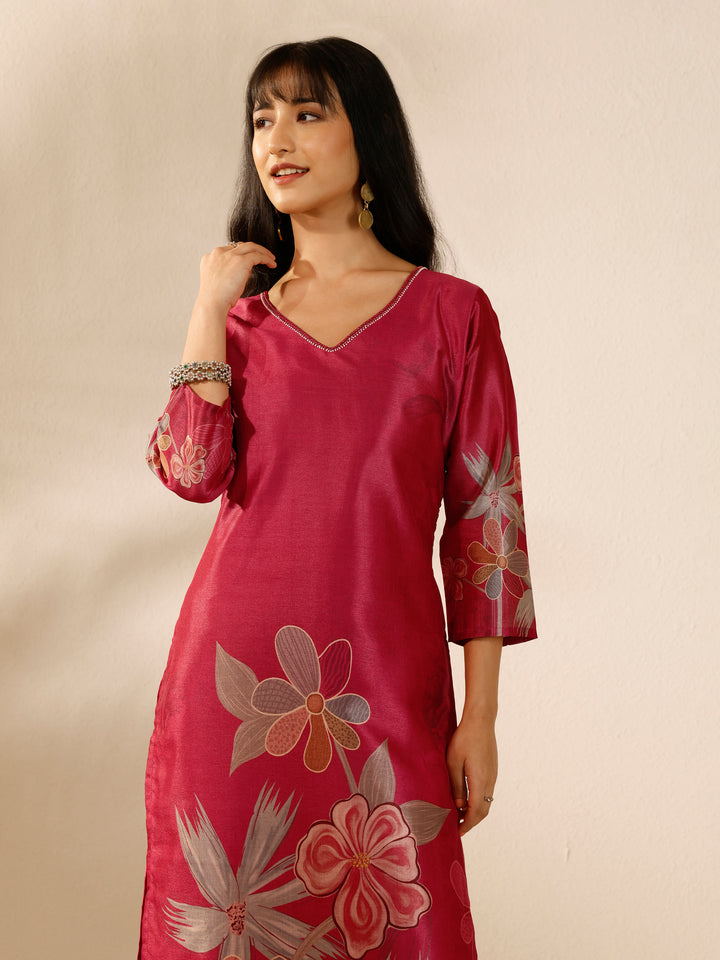 Red Printed Silk blend Straight Suit Set With Dupatta