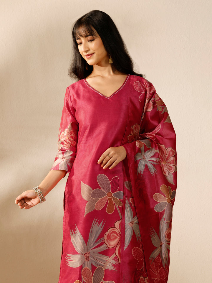 Red Printed Silk blend Straight Suit Set With Dupatta