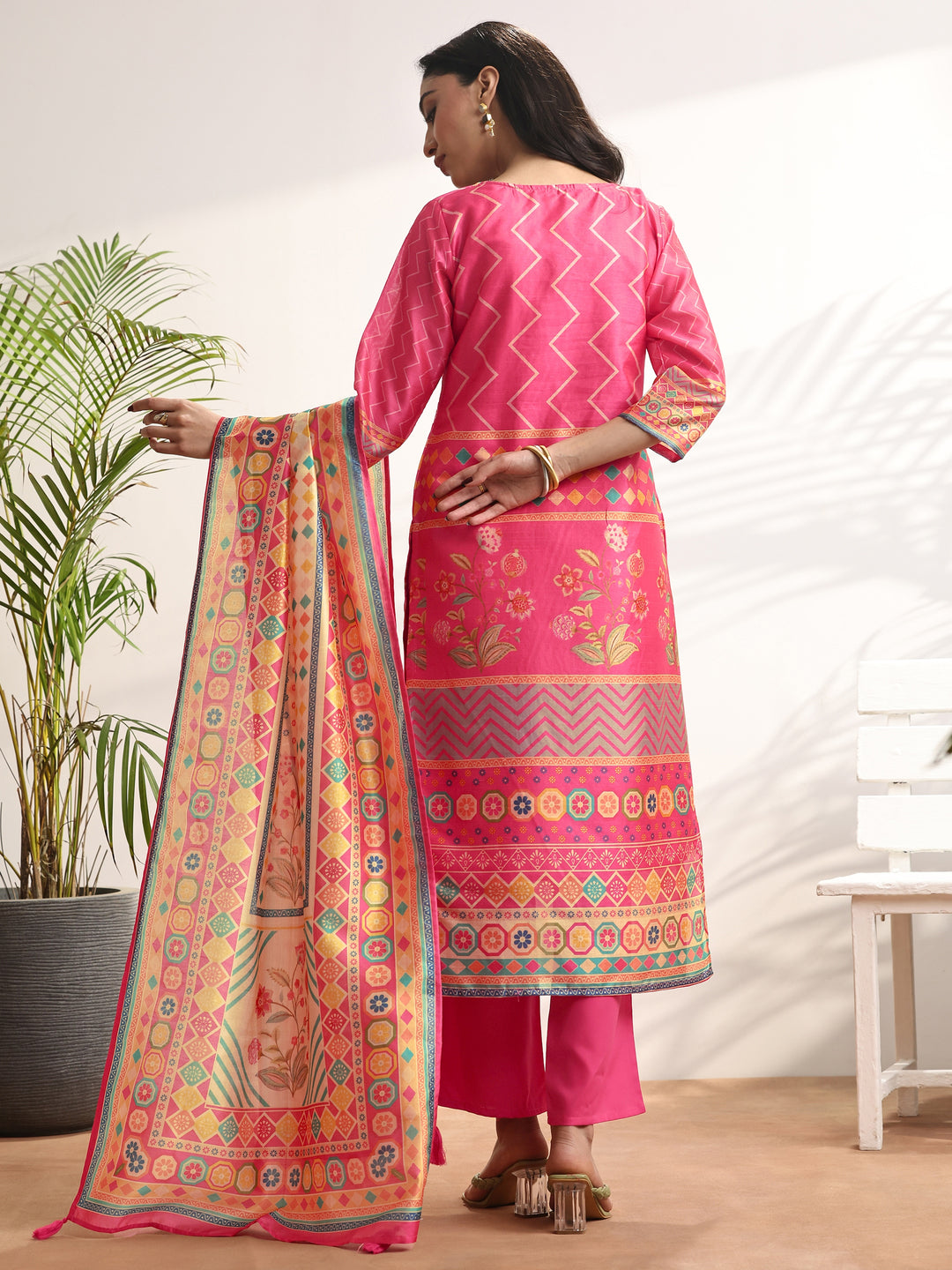 Multi Printed Silk blend Straight Suit Set With Dupatta