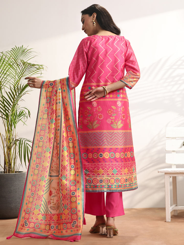 Multi Printed Silk blend Straight Suit Set With Dupatta