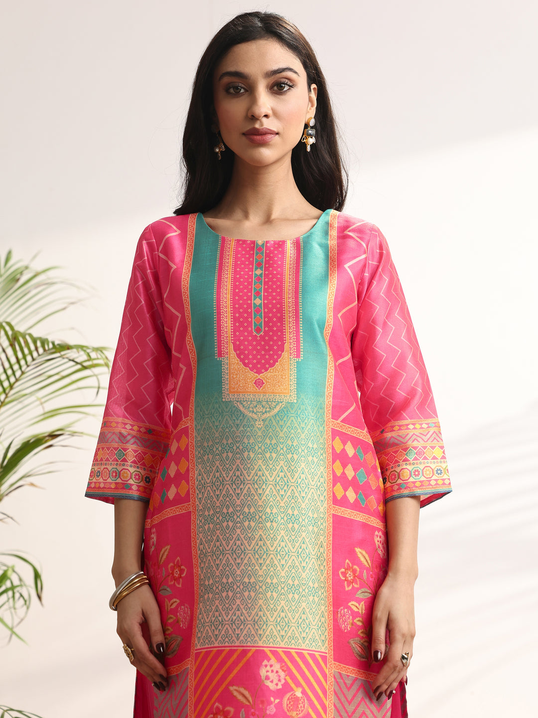 Multi Printed Silk blend Straight Suit Set With Dupatta