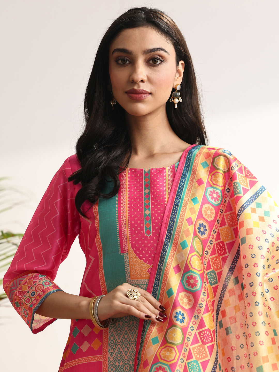 Multi Printed Silk blend Straight Suit Set With Dupatta