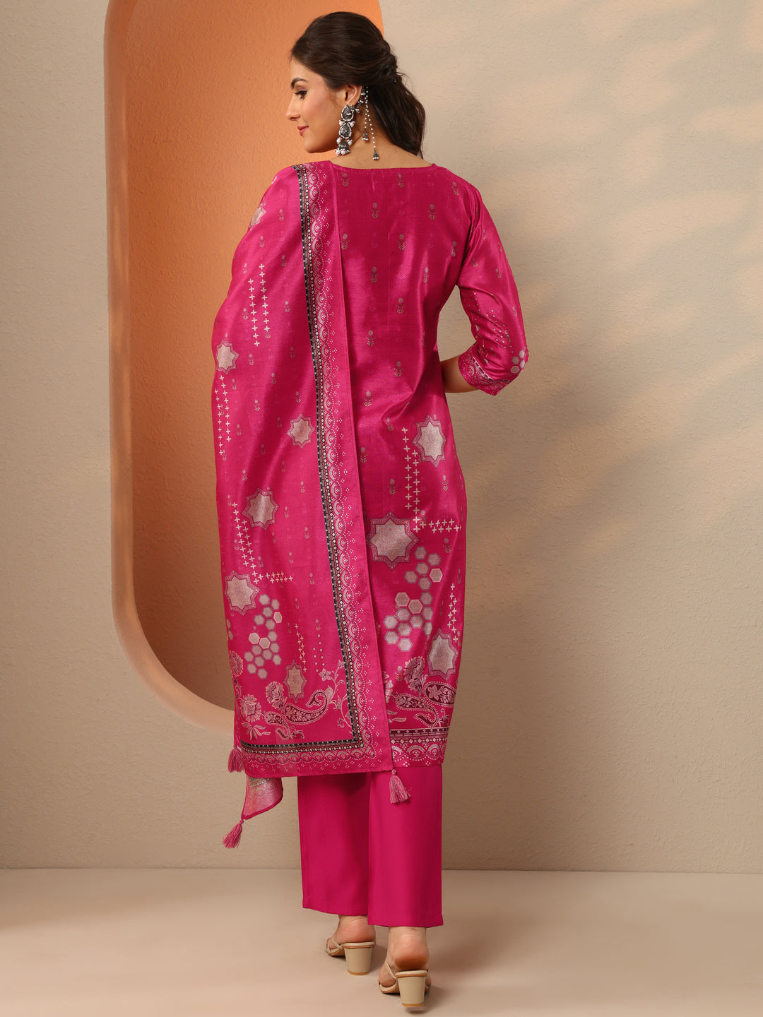 Pink Printed Silk Blend Straight Suit Set With Dupatta