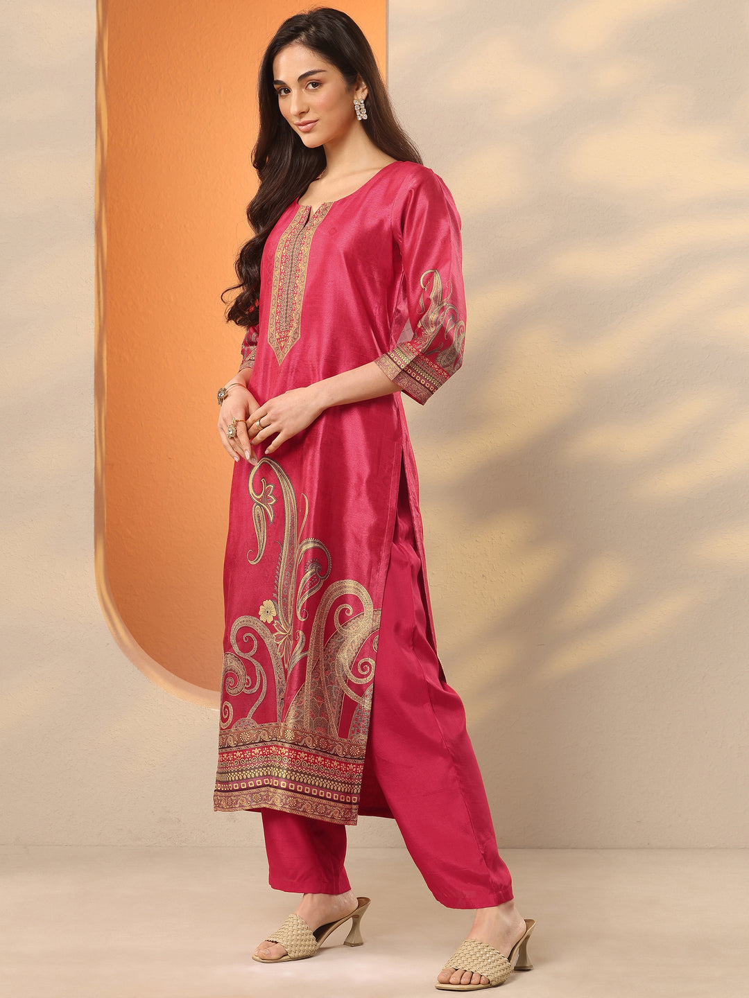 Pink Printed Silk Blend Straight Suit Set With Dupatta