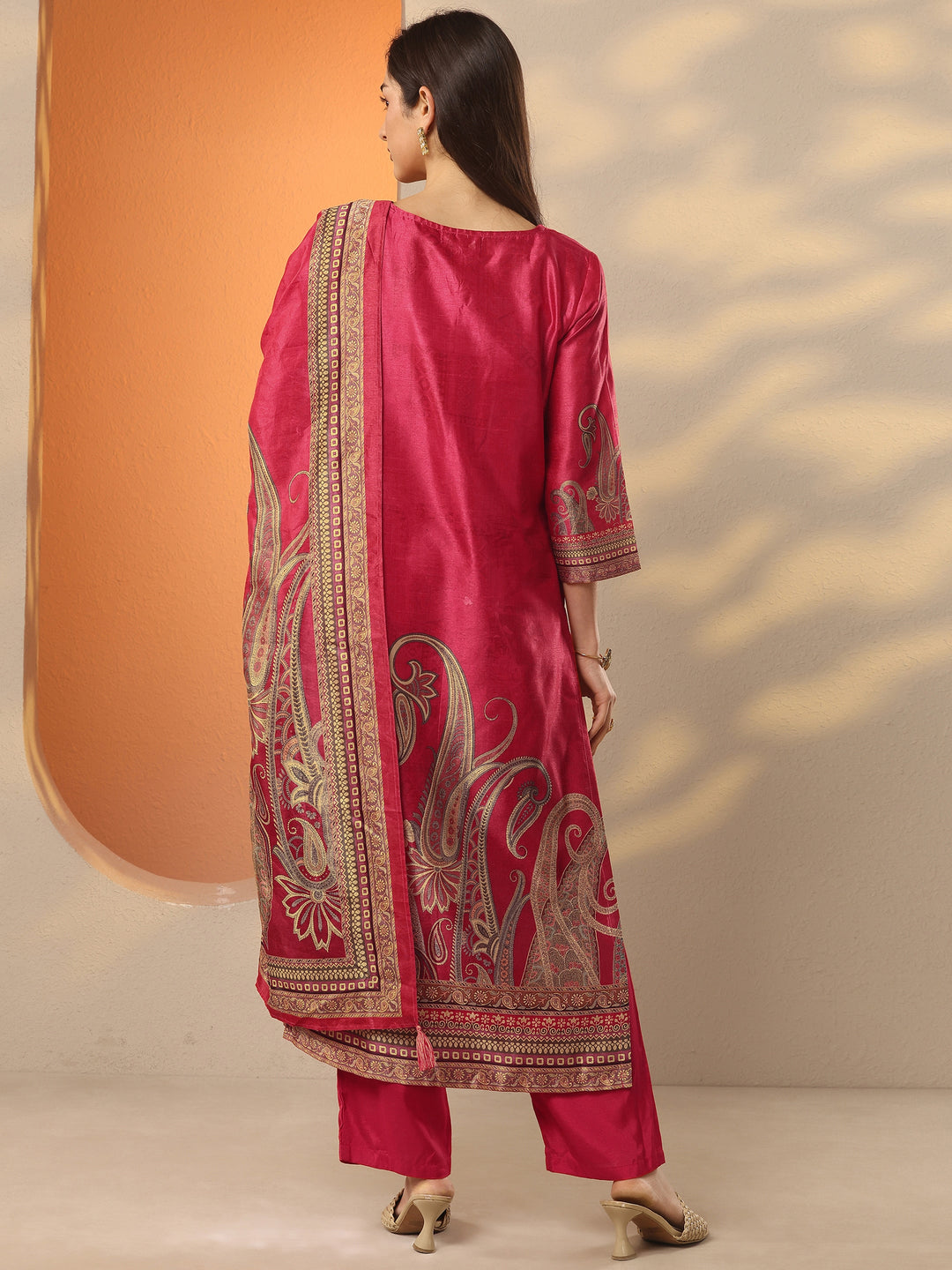 Pink Printed Silk Blend Straight Suit Set With Dupatta