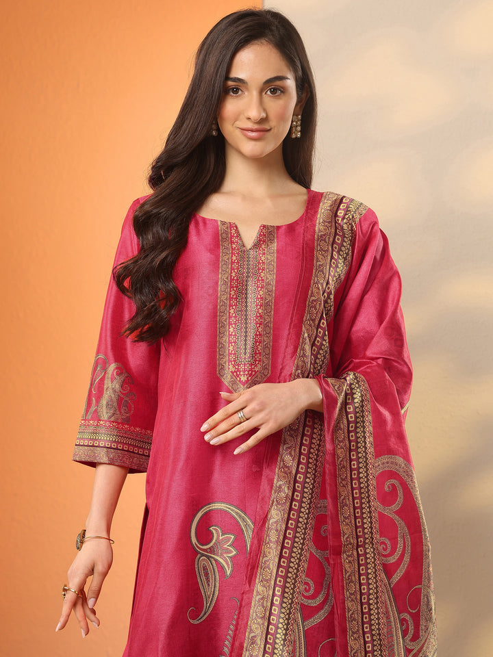 Pink Printed Silk Blend Straight Suit Set With Dupatta