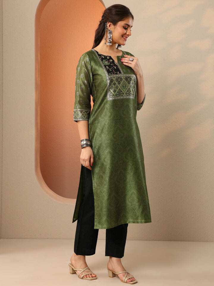 Green Woven Design Silk Blend Straight Suit Set With Dupatta