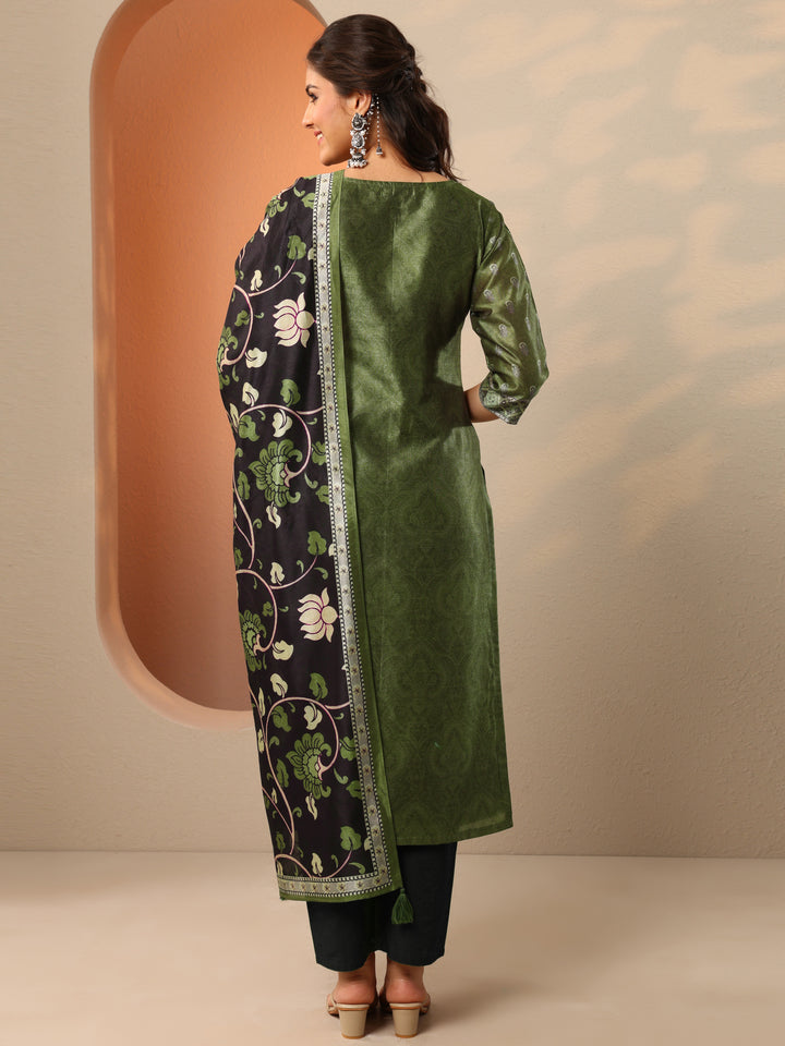 Green Woven Design Silk Blend Straight Suit Set With Dupatta