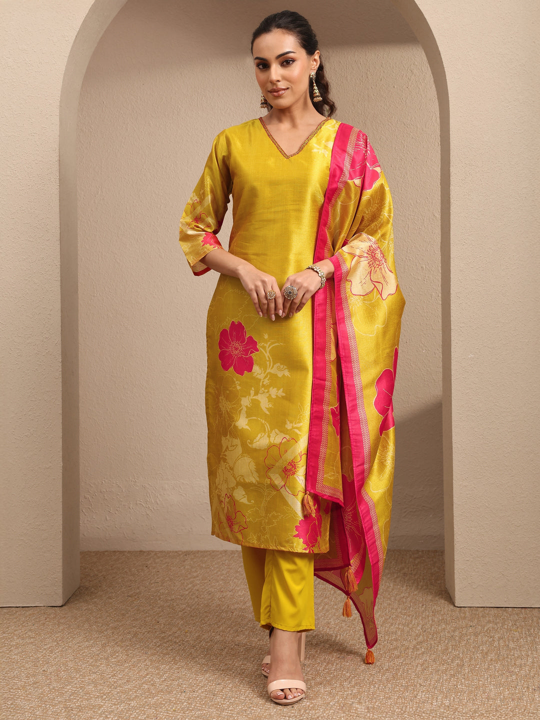 Mustard Embroidered Silk Blend Straight Suit Set With Dupatta