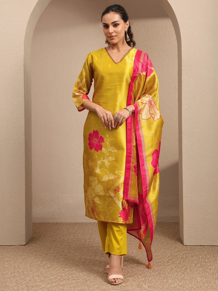 Mustard Embroidered Silk Blend Straight Suit Set With Dupatta