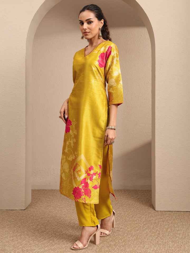 Mustard Embroidered Silk Blend Straight Suit Set With Dupatta