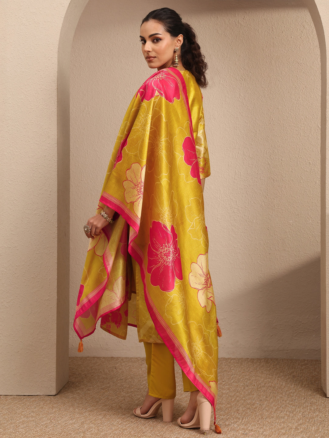 Mustard Embroidered Silk Blend Straight Suit Set With Dupatta