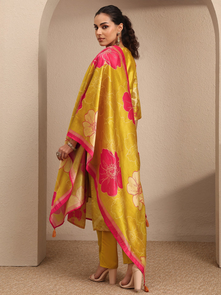 Mustard Embroidered Silk Blend Straight Suit Set With Dupatta