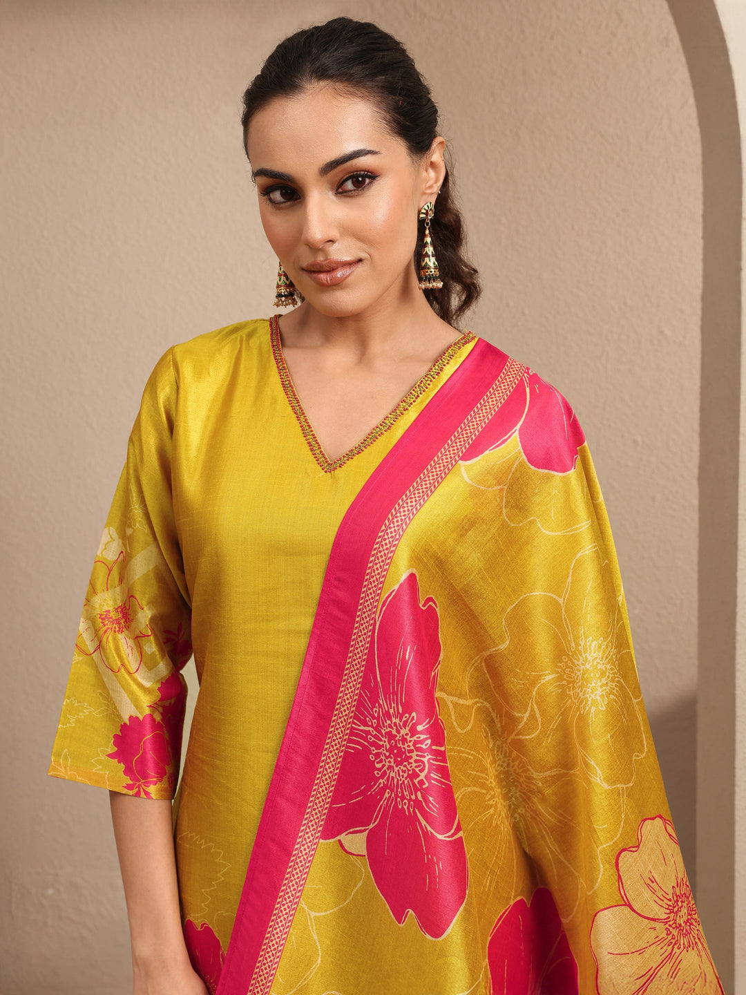 Mustard Embroidered Silk Blend Straight Suit Set With Dupatta
