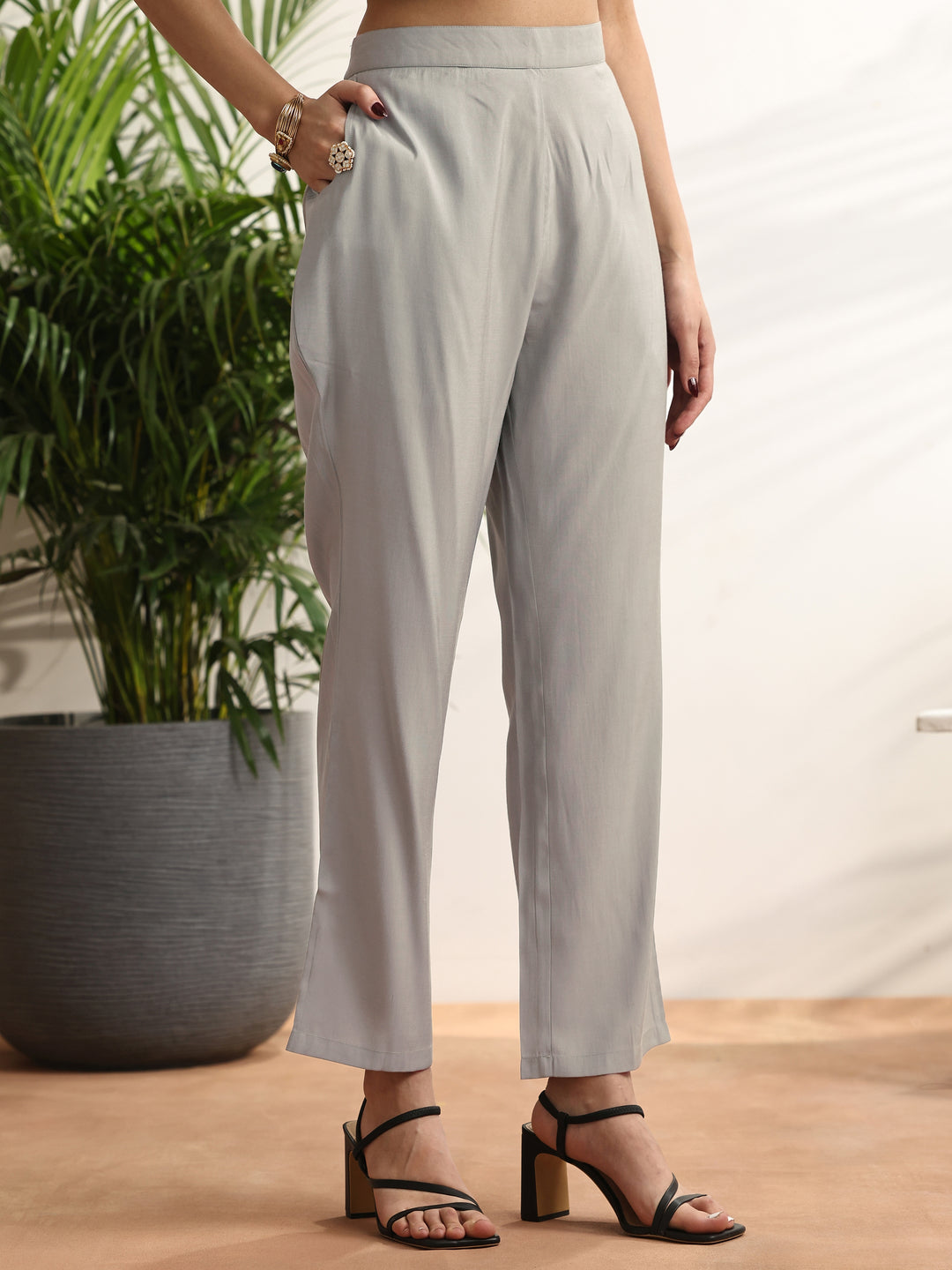 Grey Printed Silk blend Straight Suit Set With Dupatta