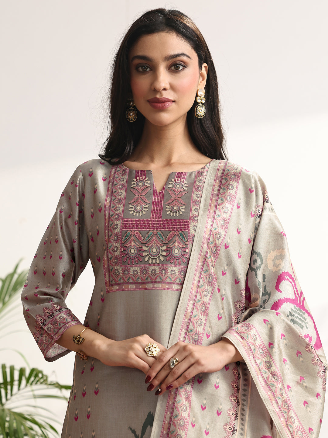 Grey Printed Silk blend Straight Suit Set With Dupatta