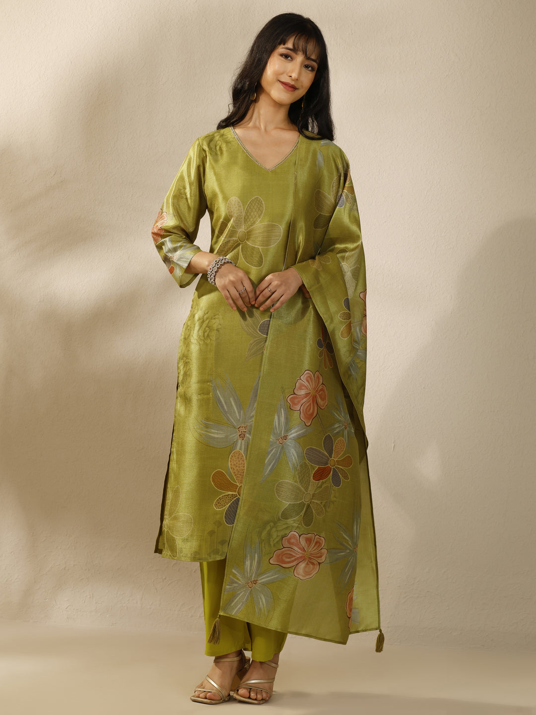 Green Printed Silk Blend Straight Suit Set With Dupatta