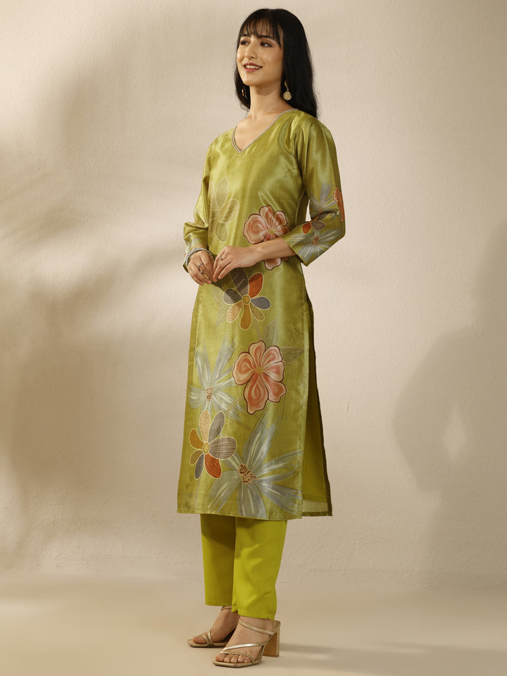 Green Printed Silk Blend Straight Suit Set With Dupatta