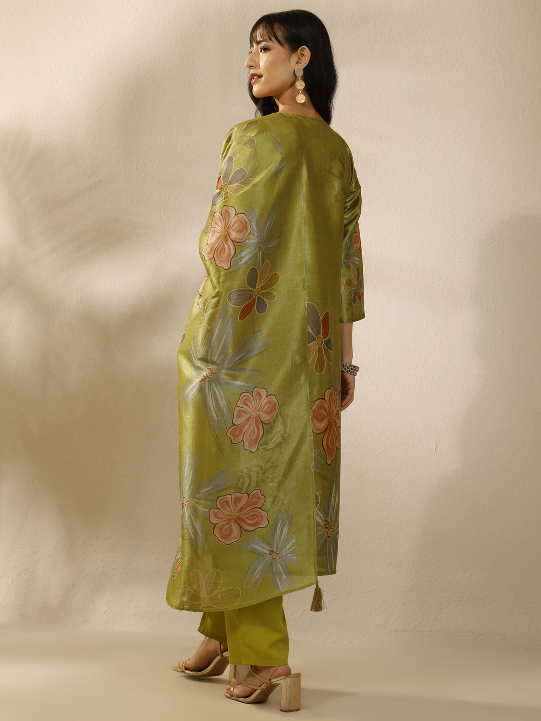Green Printed Silk Blend Straight Suit Set With Dupatta