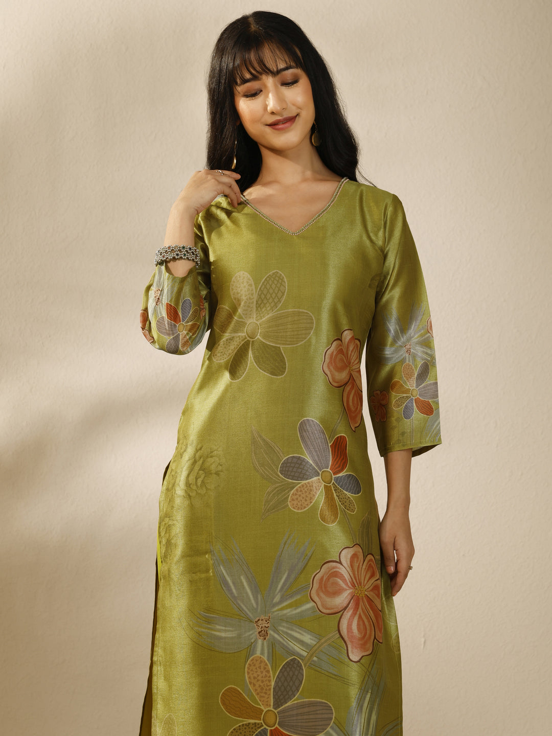 Green Printed Silk Blend Straight Suit Set With Dupatta