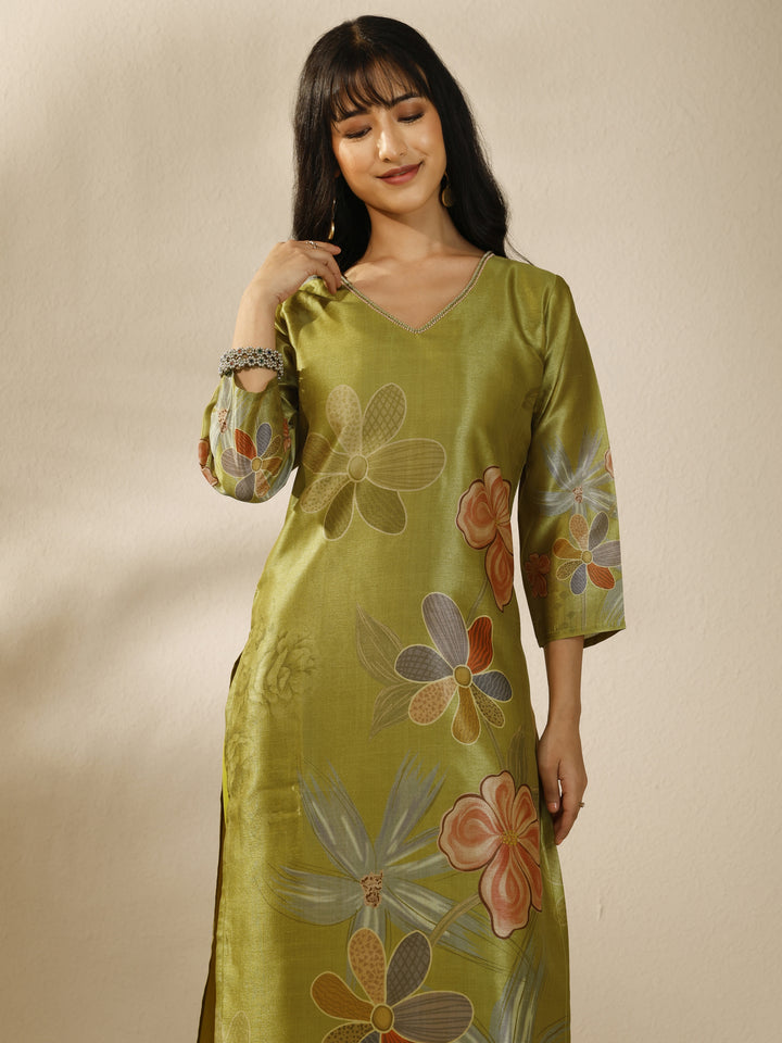 Green Printed Silk Blend Straight Suit Set With Dupatta