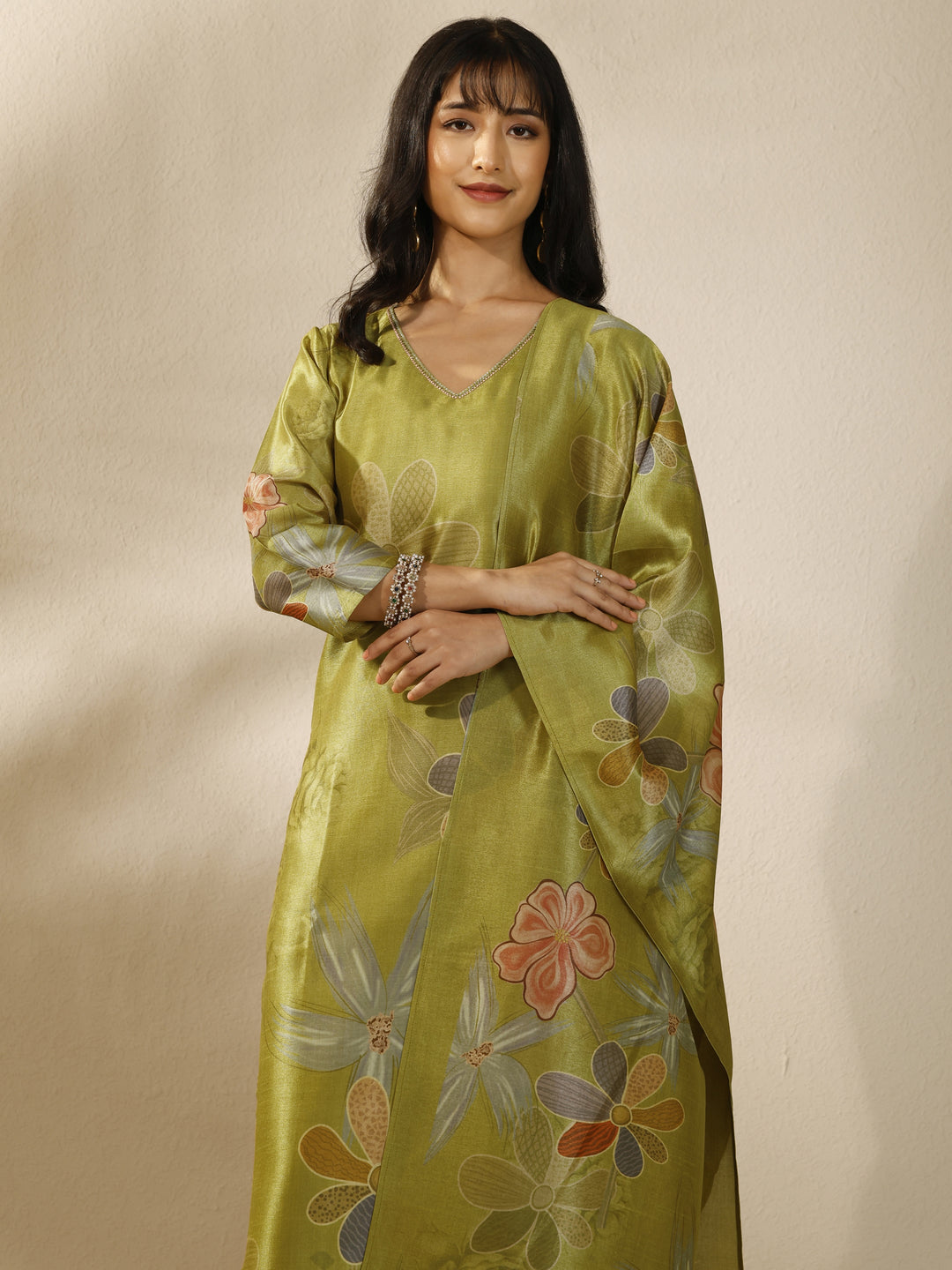 Green Printed Silk Blend Straight Suit Set With Dupatta