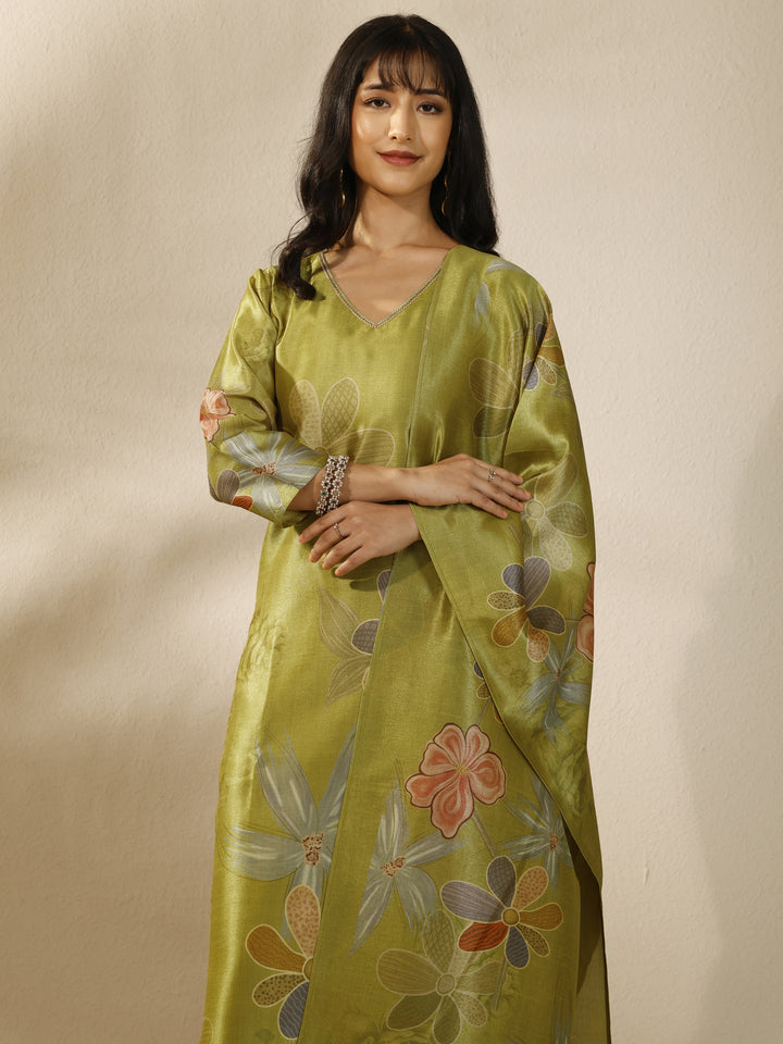 Green Printed Silk Blend Straight Suit Set With Dupatta