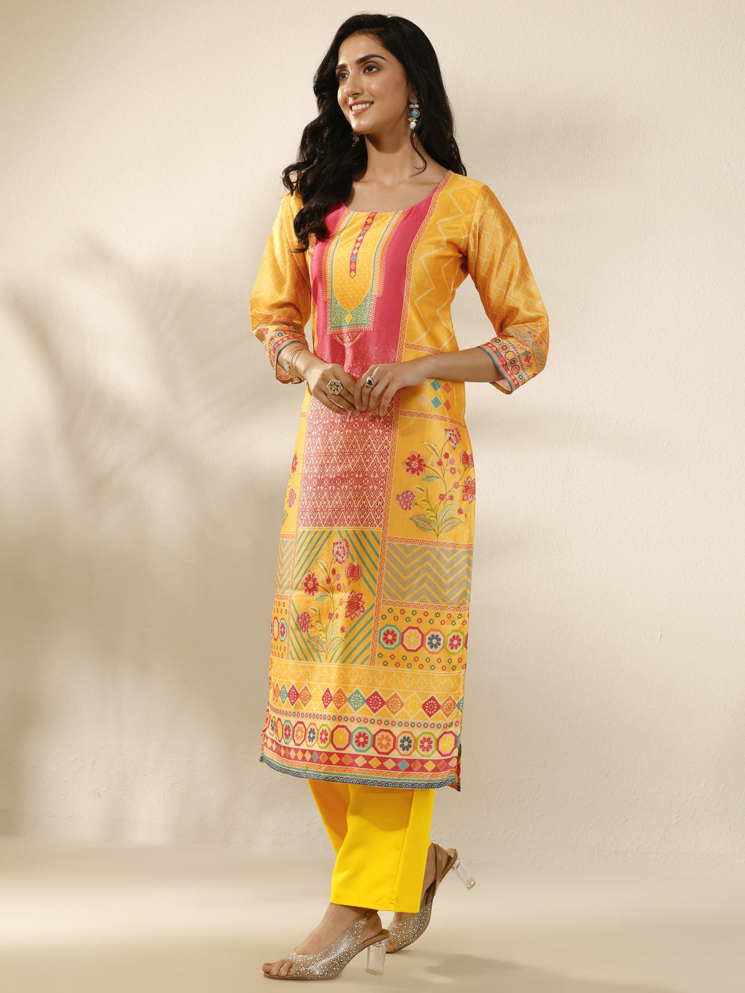 Mustard Printed Silk Blend Straight Suit Set With Dupatta