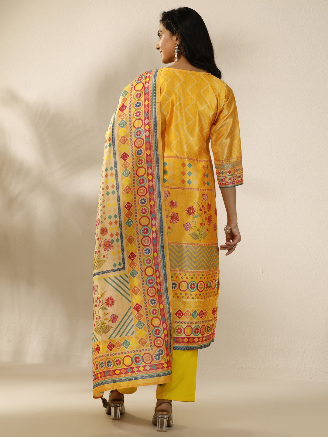 Mustard Printed Silk Blend Straight Suit Set With Dupatta