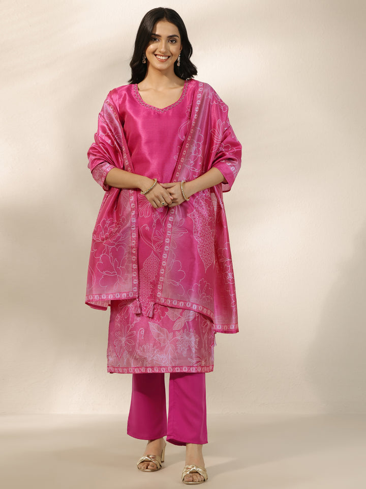 Pink Printed Silk Blend Straight Suit Set With Dupatta