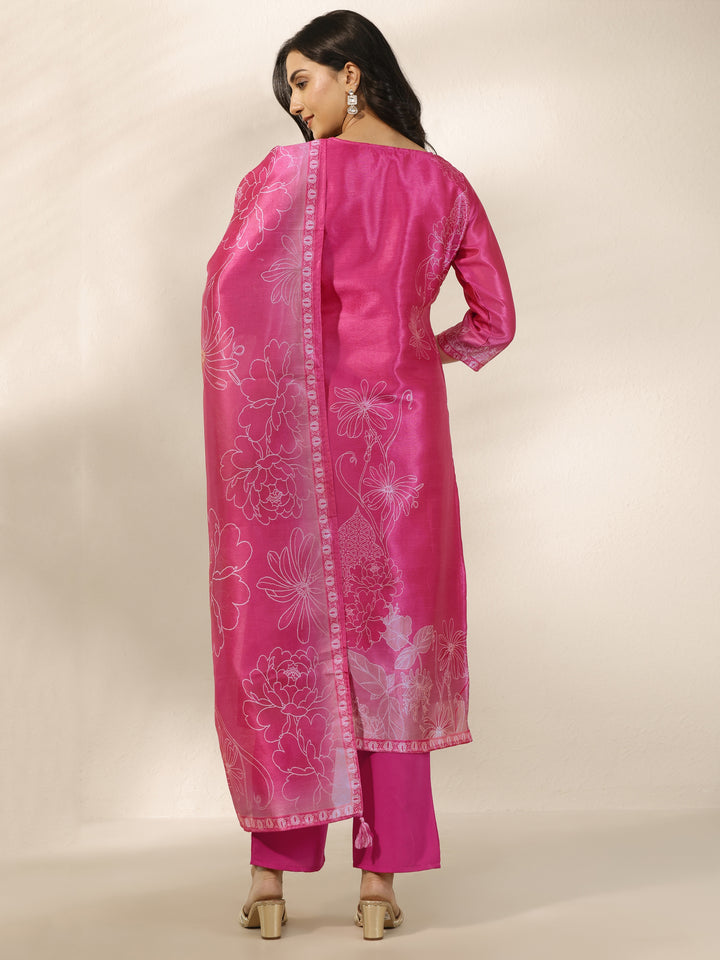 Pink Printed Silk Blend Straight Suit Set With Dupatta