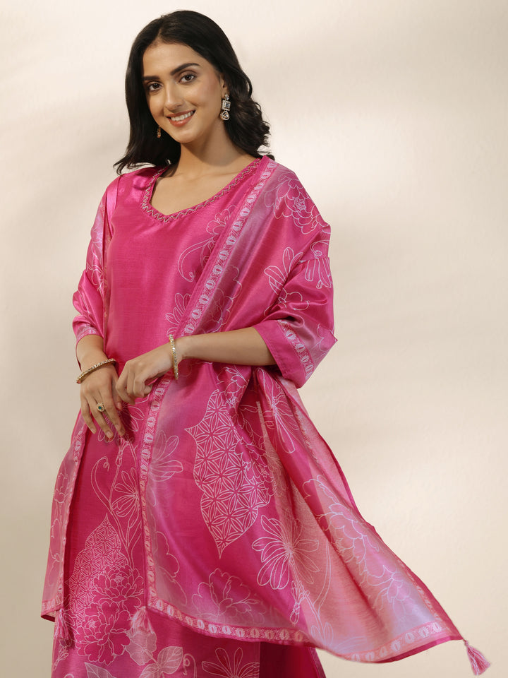 Pink Printed Silk Blend Straight Suit Set With Dupatta