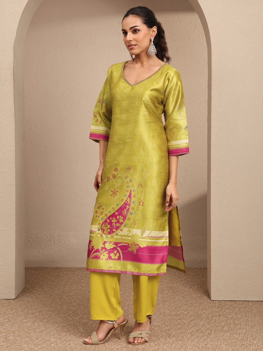 Mustard Printed Silk Blend Straight Suit Set With Dupatta