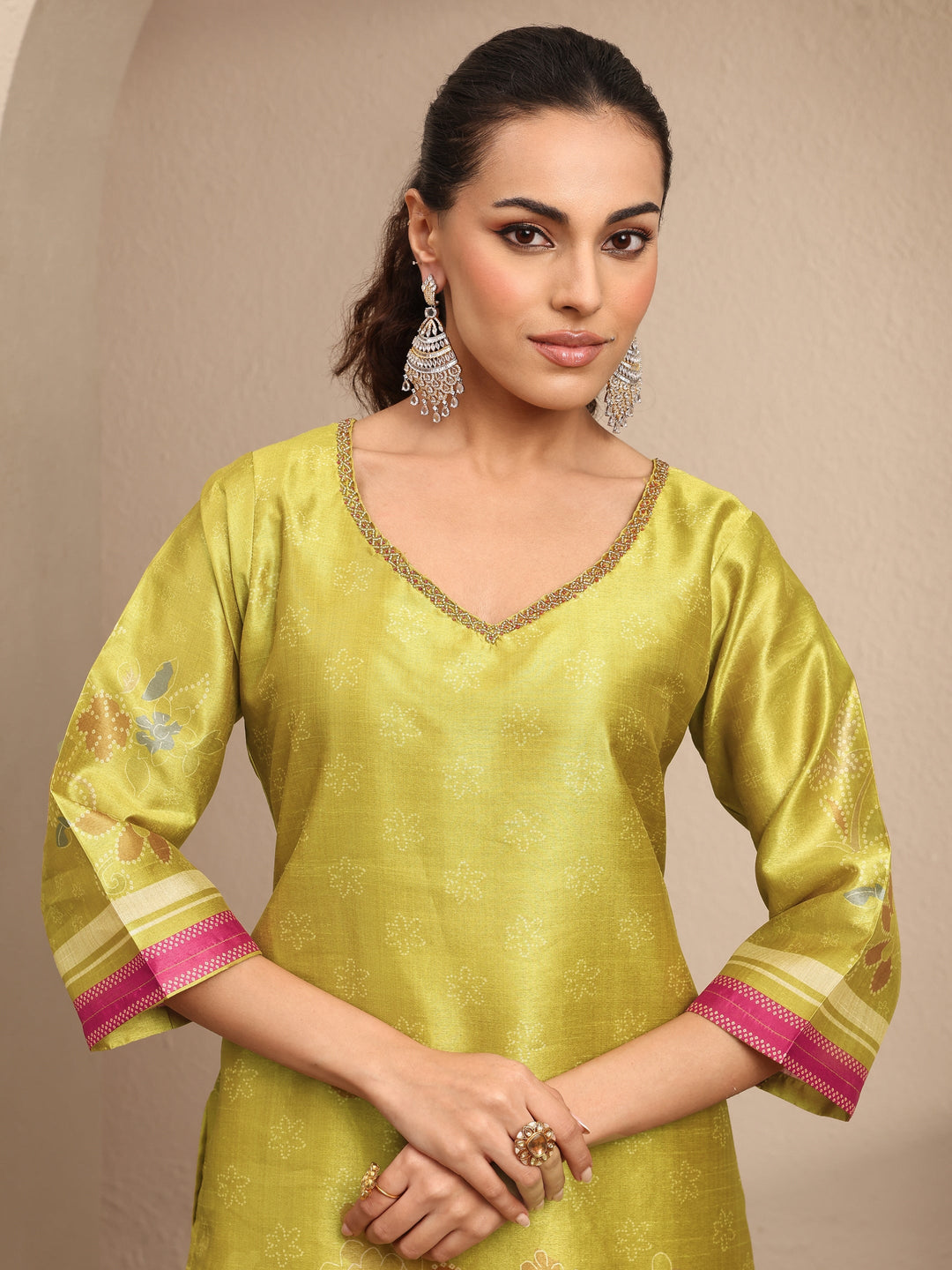 Mustard Printed Silk Blend Straight Suit Set With Dupatta