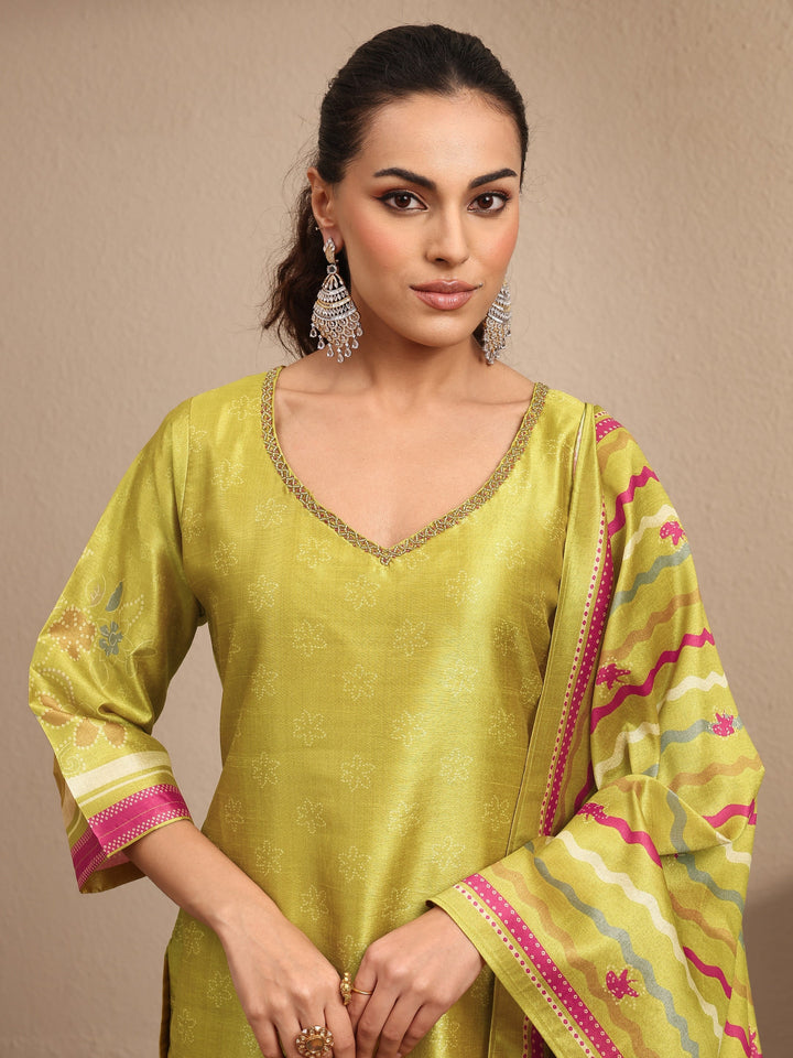 Mustard Printed Silk Blend Straight Suit Set With Dupatta