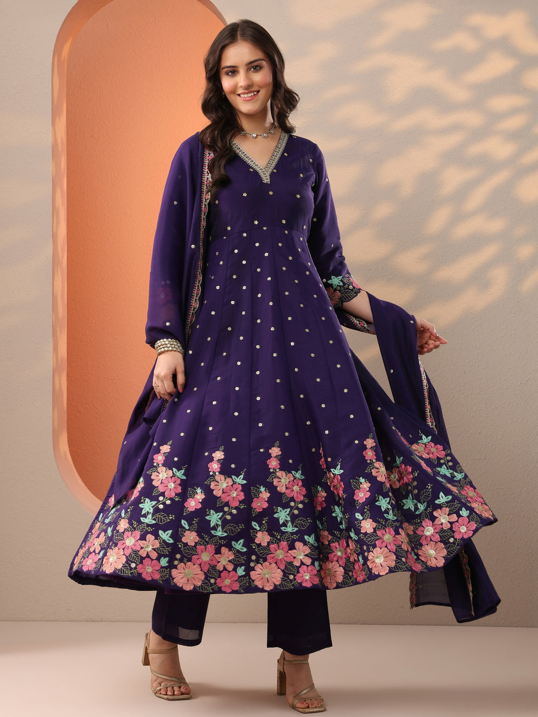 Purple Embroidered Silk Blend Anarkali Suit Set With Dupatta