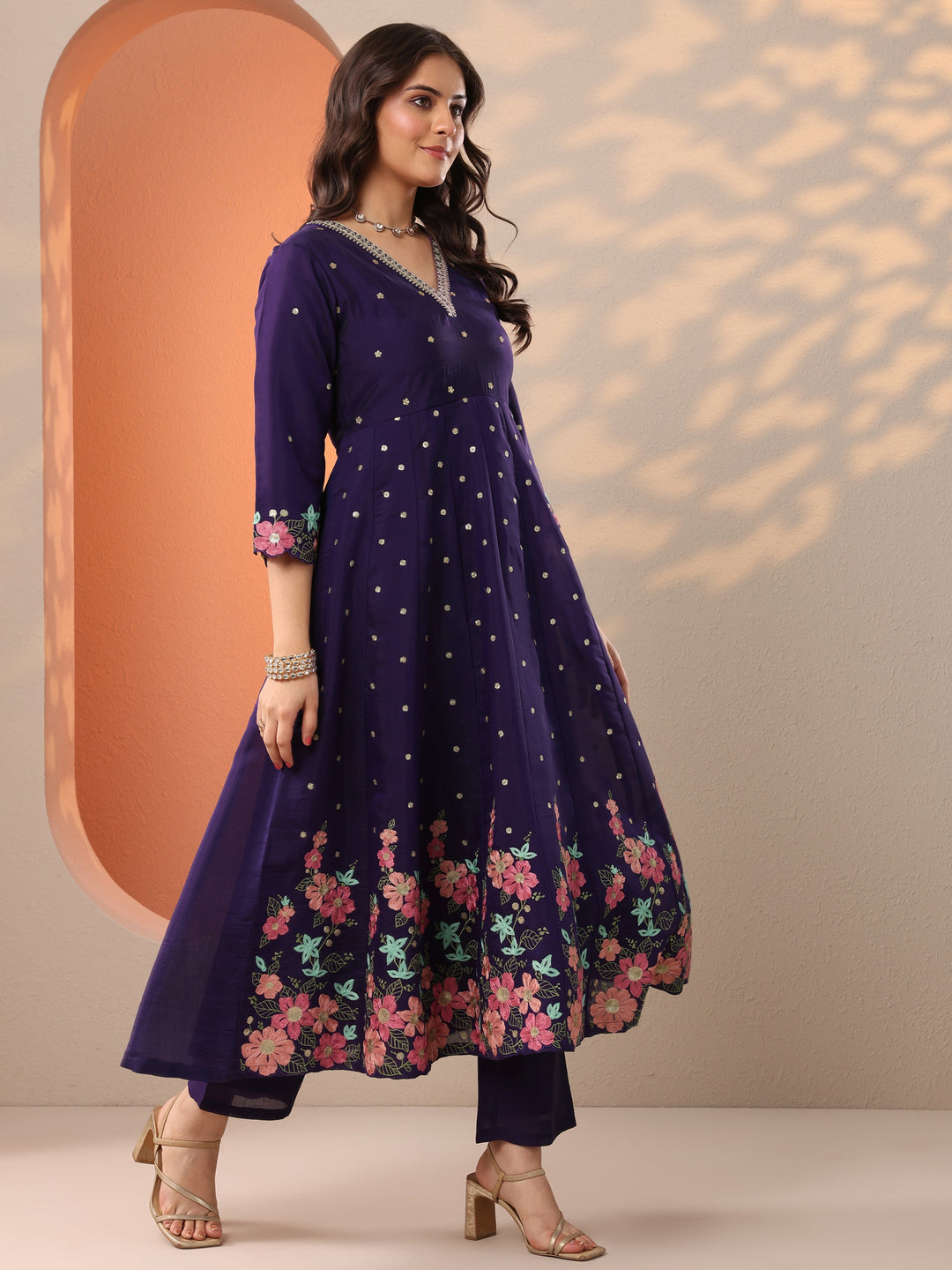 Purple Embroidered Silk Blend Anarkali Suit Set With Dupatta