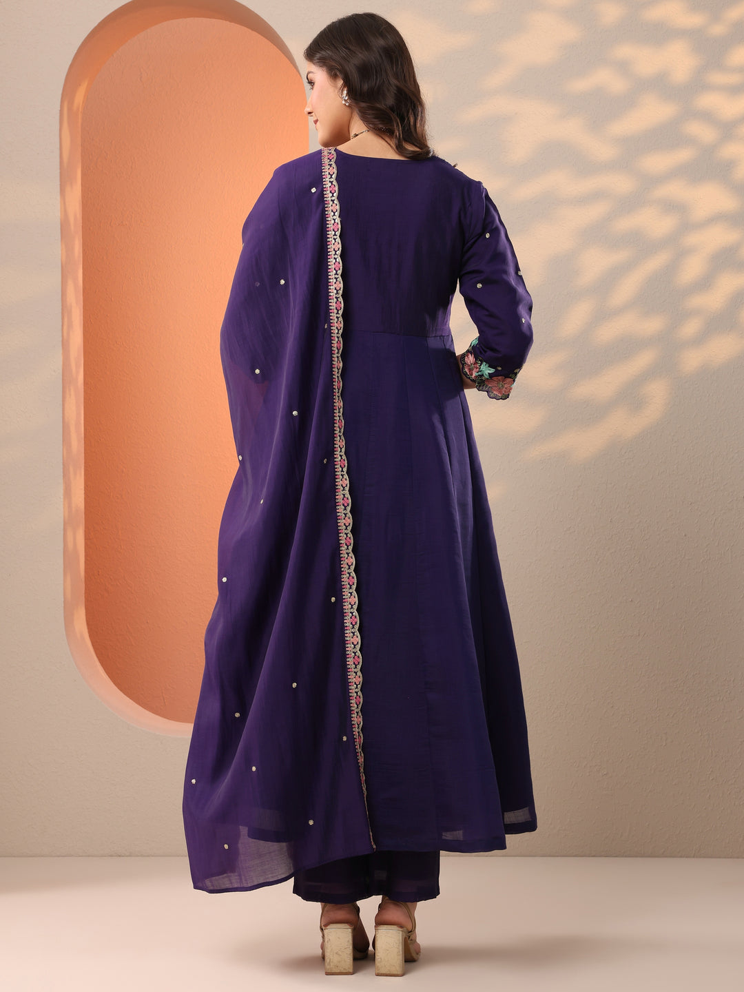 Purple Embroidered Silk Blend Anarkali Suit Set With Dupatta