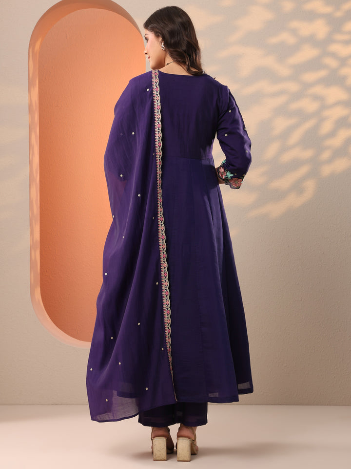 Purple Embroidered Silk Blend Anarkali Suit Set With Dupatta