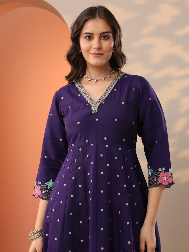 Purple Embroidered Silk Blend Anarkali Suit Set With Dupatta