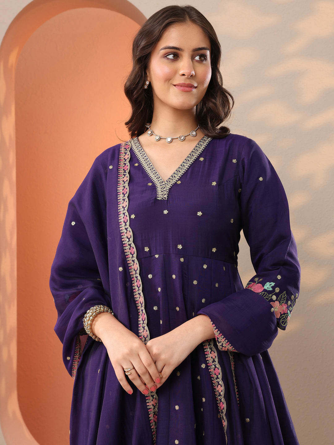 Purple Embroidered Silk Blend Anarkali Suit Set With Dupatta