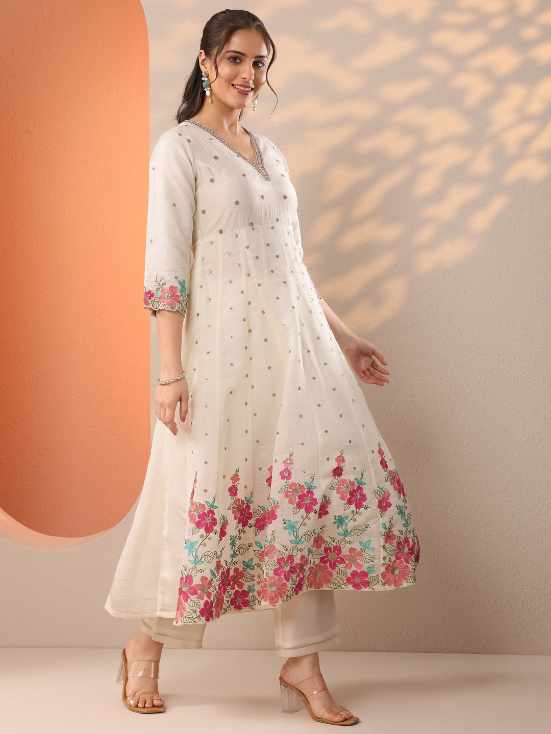 White Embroidered Silk Blend Anarkali Suit Set With Dupatta