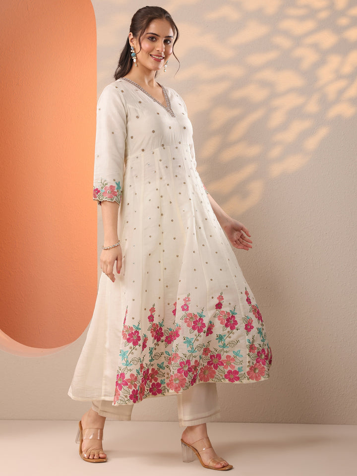White Embroidered Silk Blend Anarkali Suit Set With Dupatta