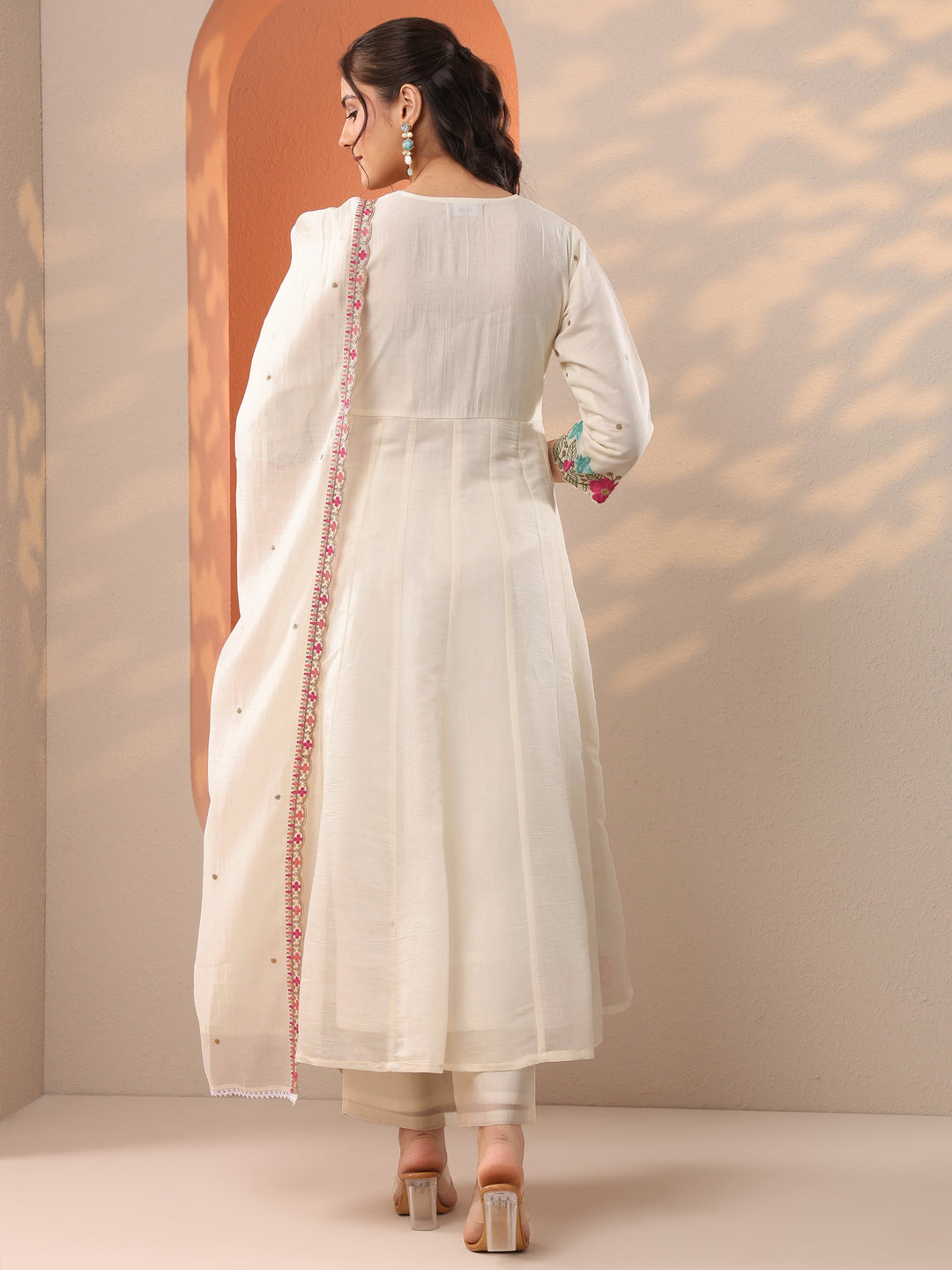 White Embroidered Silk Blend Anarkali Suit Set With Dupatta
