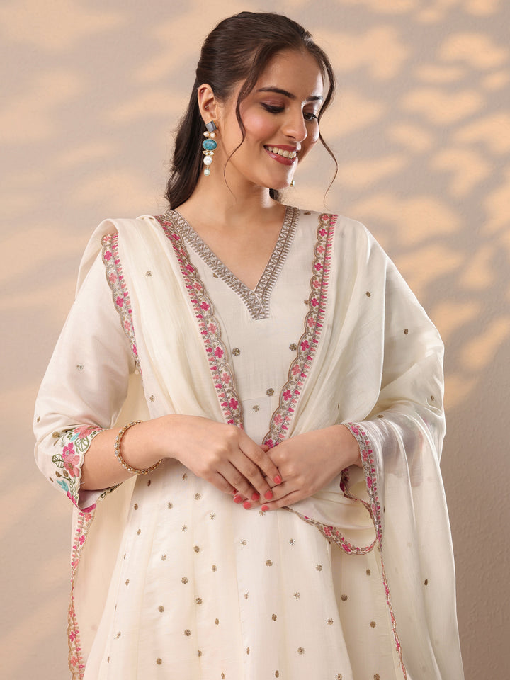 White Embroidered Silk Blend Anarkali Suit Set With Dupatta